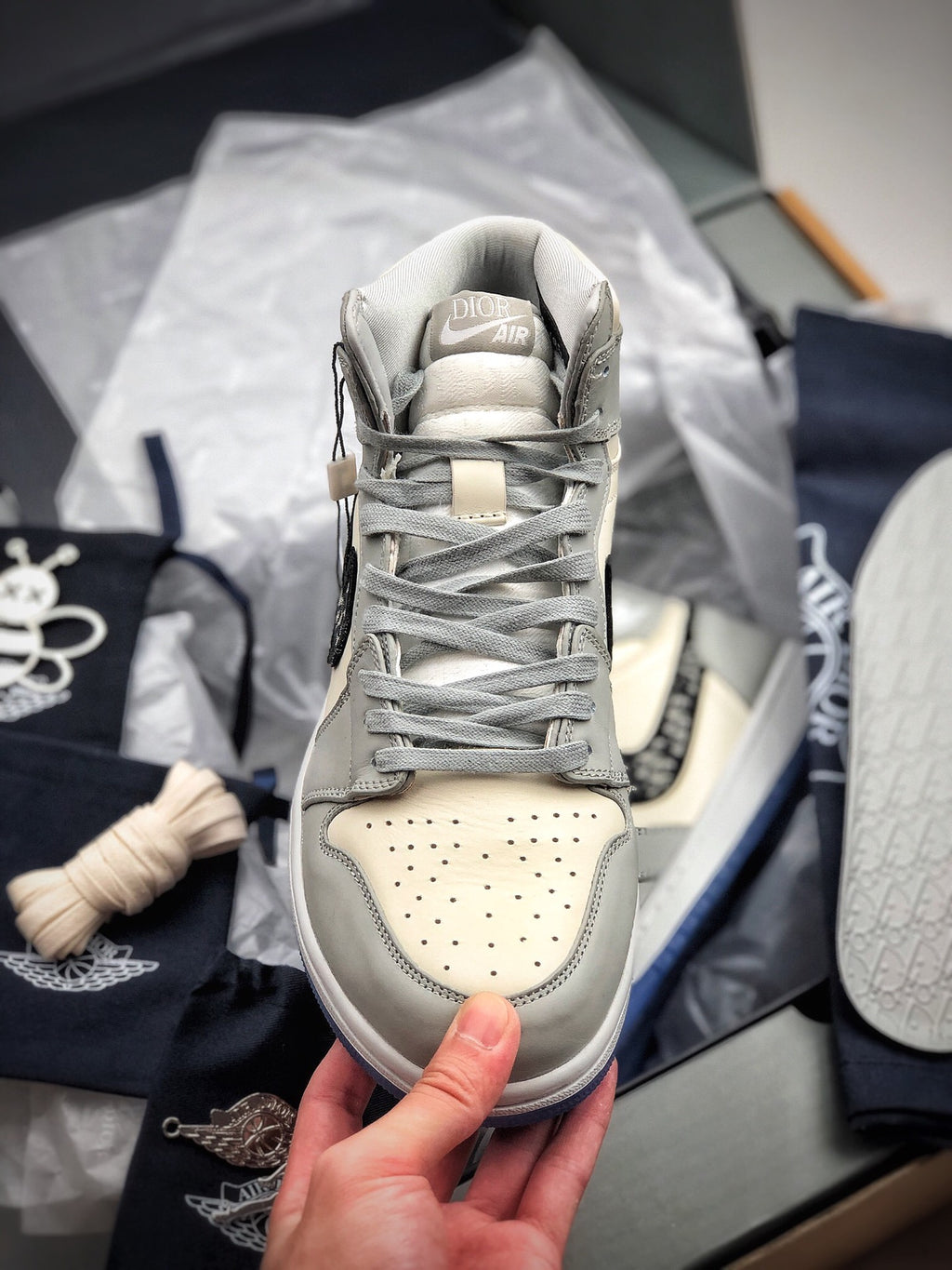 Luxury Grey and Cream Leather High-Top Sneakers with Jacquard Detail
