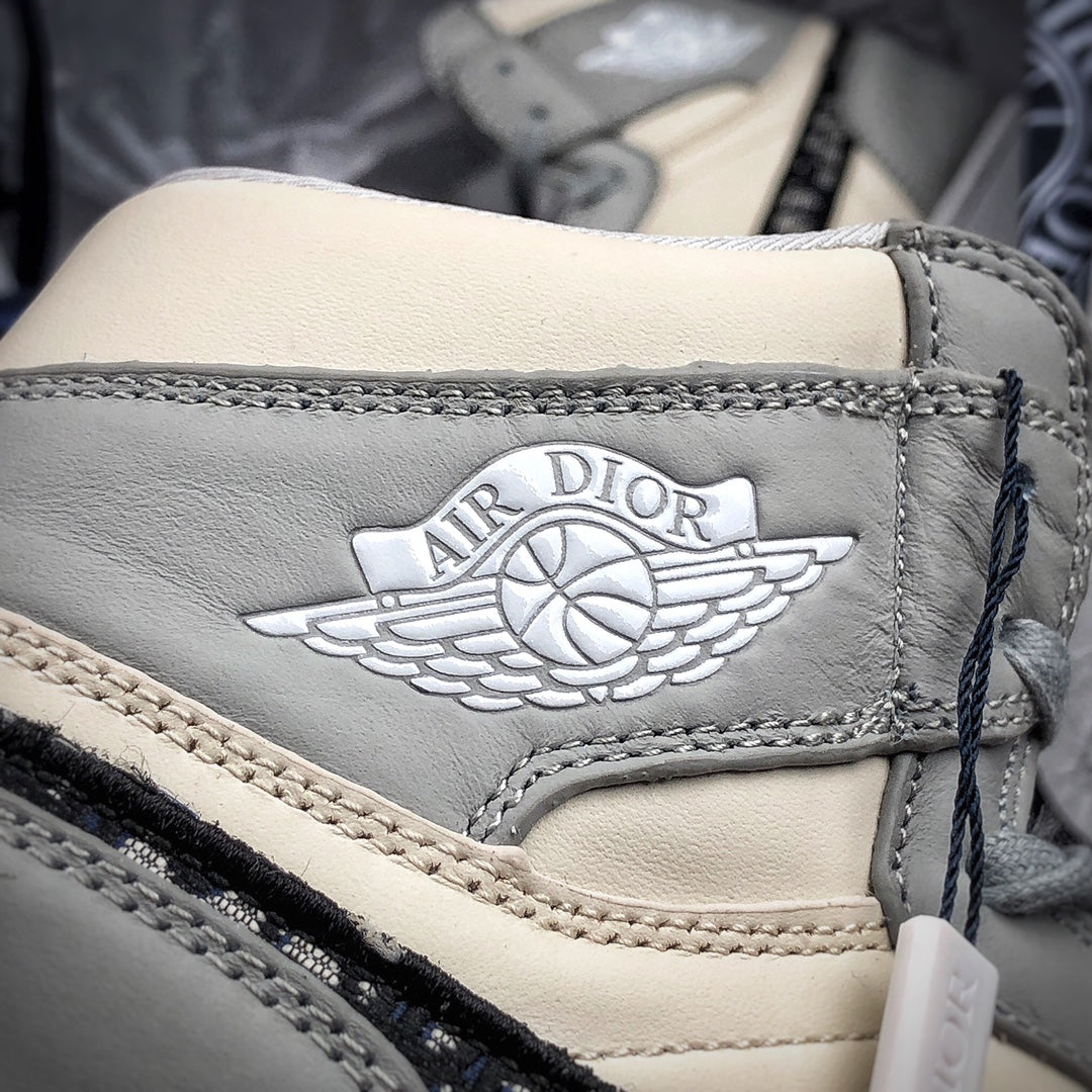 Luxury Grey and Cream Leather High-Top Sneakers with Jacquard Detail
