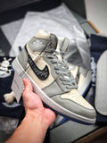 Luxury Grey and Cream Leather High-Top Sneakers with Jacquard Detail