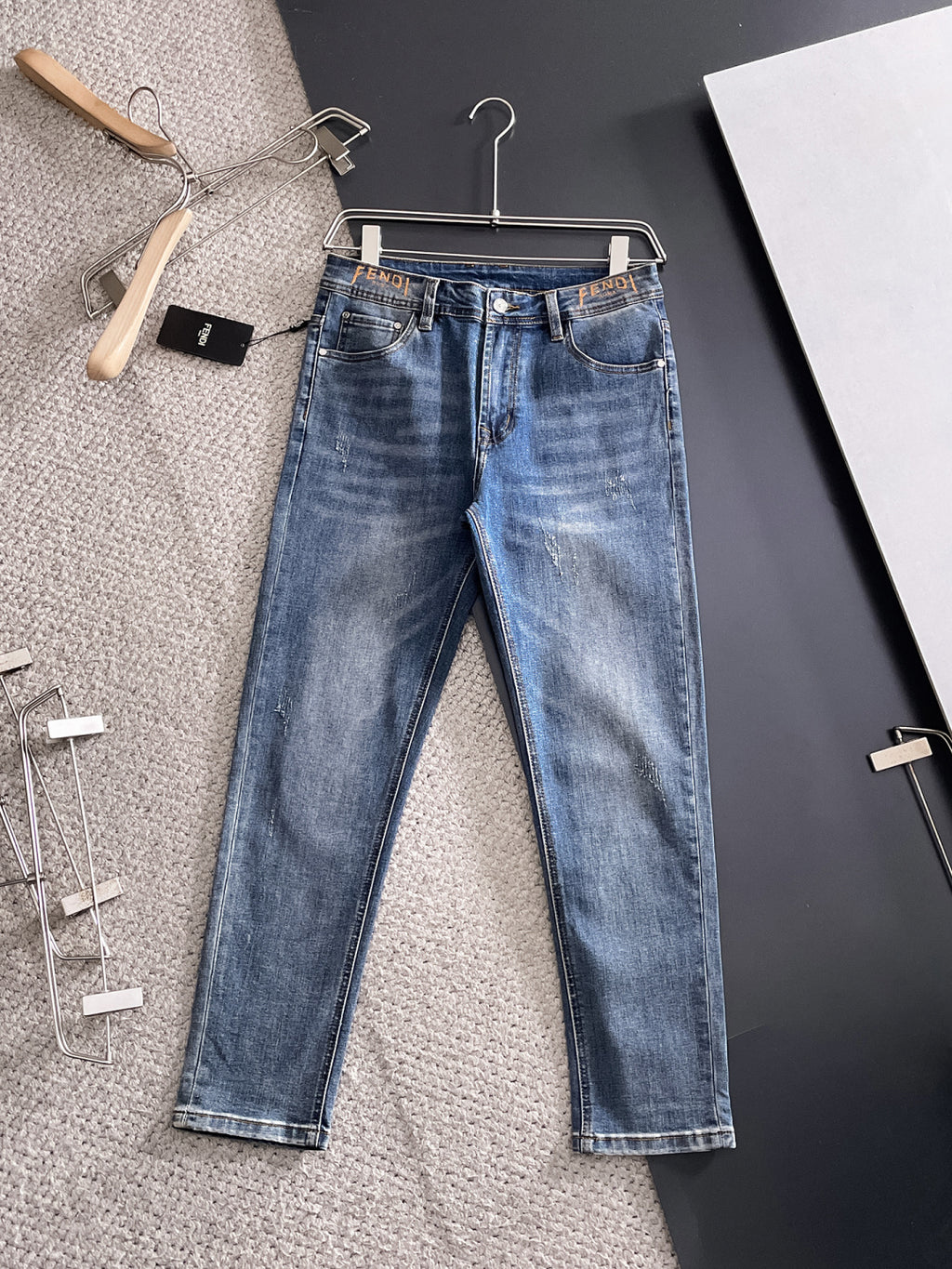 Fend Denim Jeans with Vintage Wash and Embroidered Details