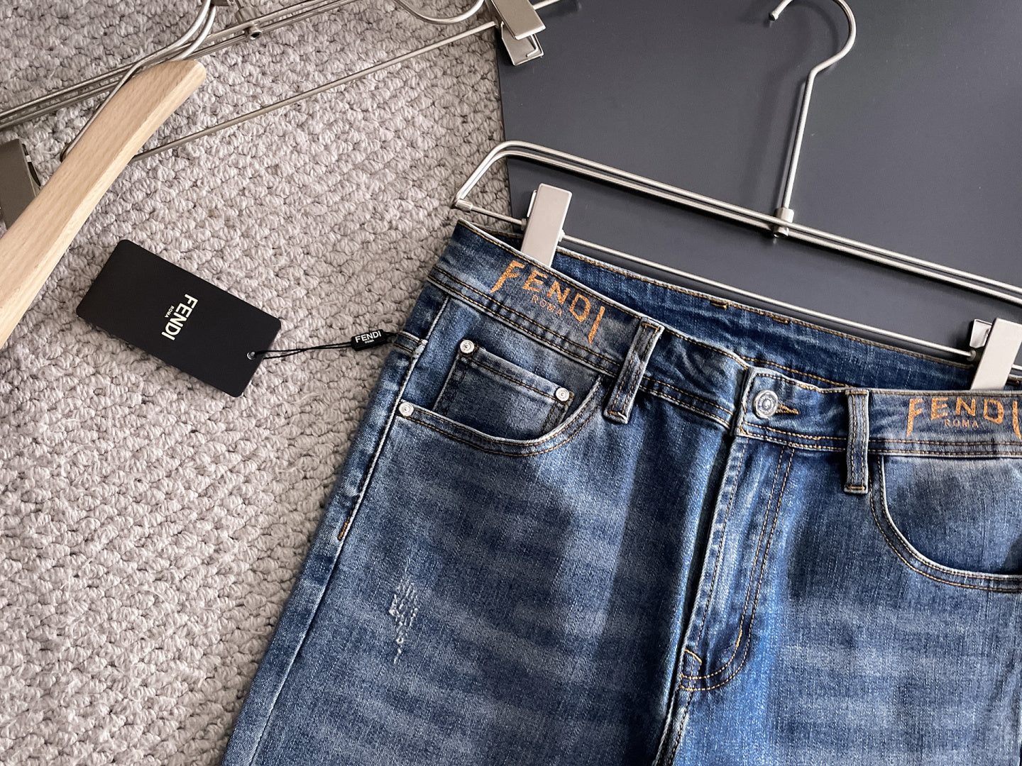 Fend Denim Jeans with Vintage Wash and Embroidered Details