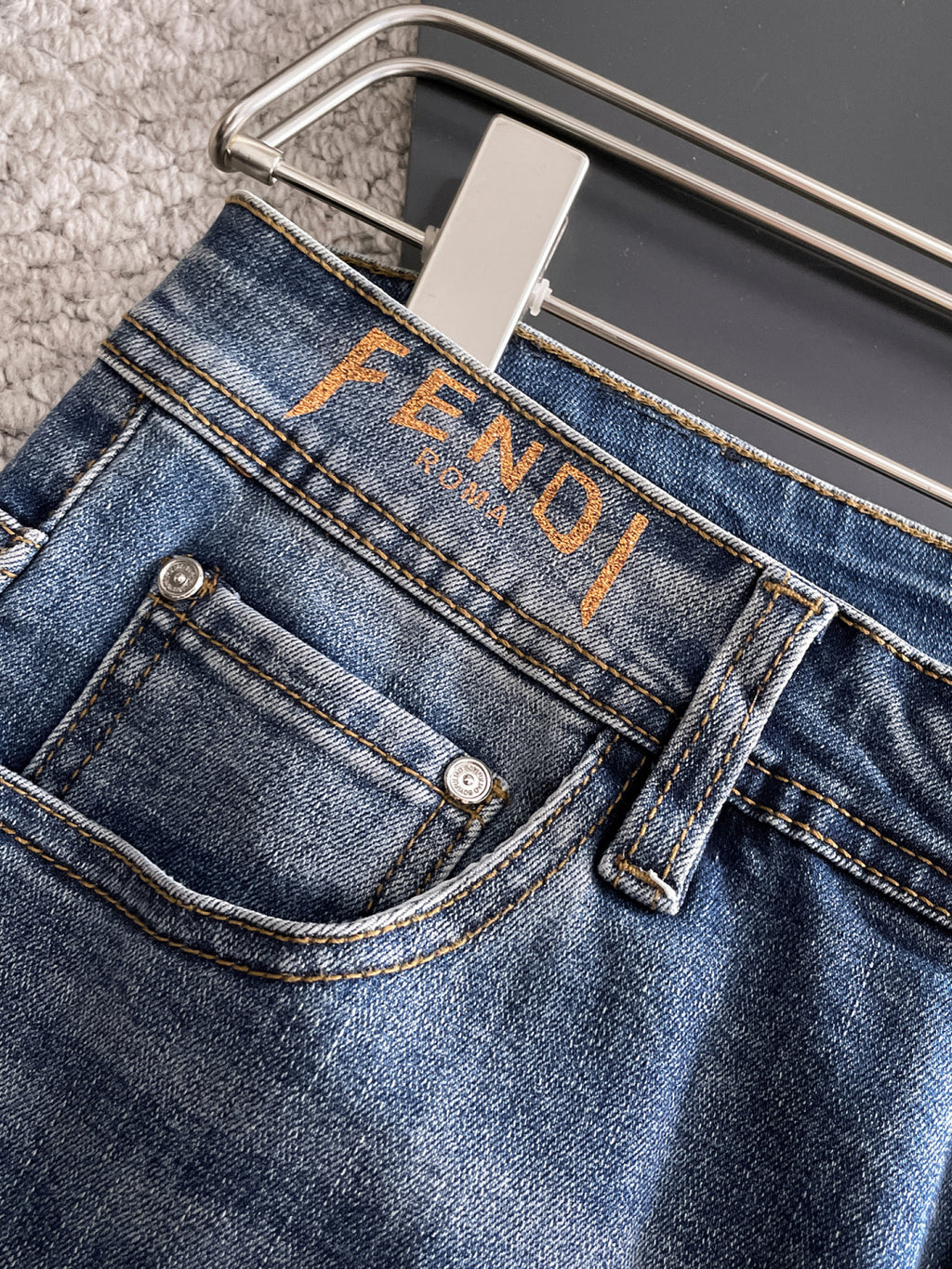Fend Denim Jeans with Vintage Wash and Embroidered Details