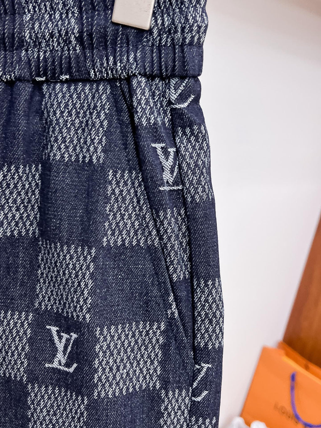 Blue Checkered Denim Shorts