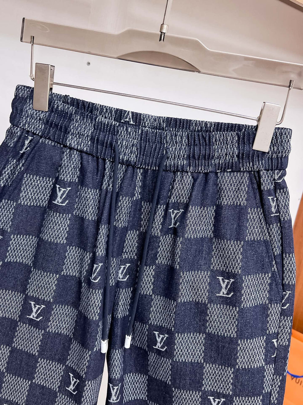 Blue Checkered Denim Shorts