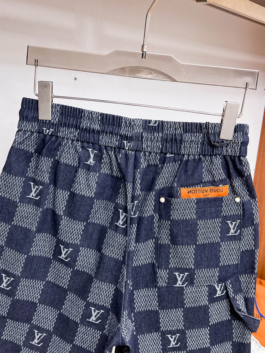 Blue Checkered Denim Shorts