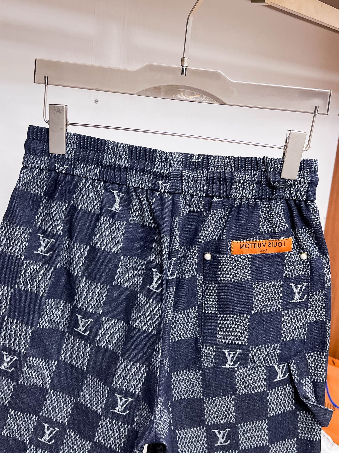 Blue Checkered Denim Shorts