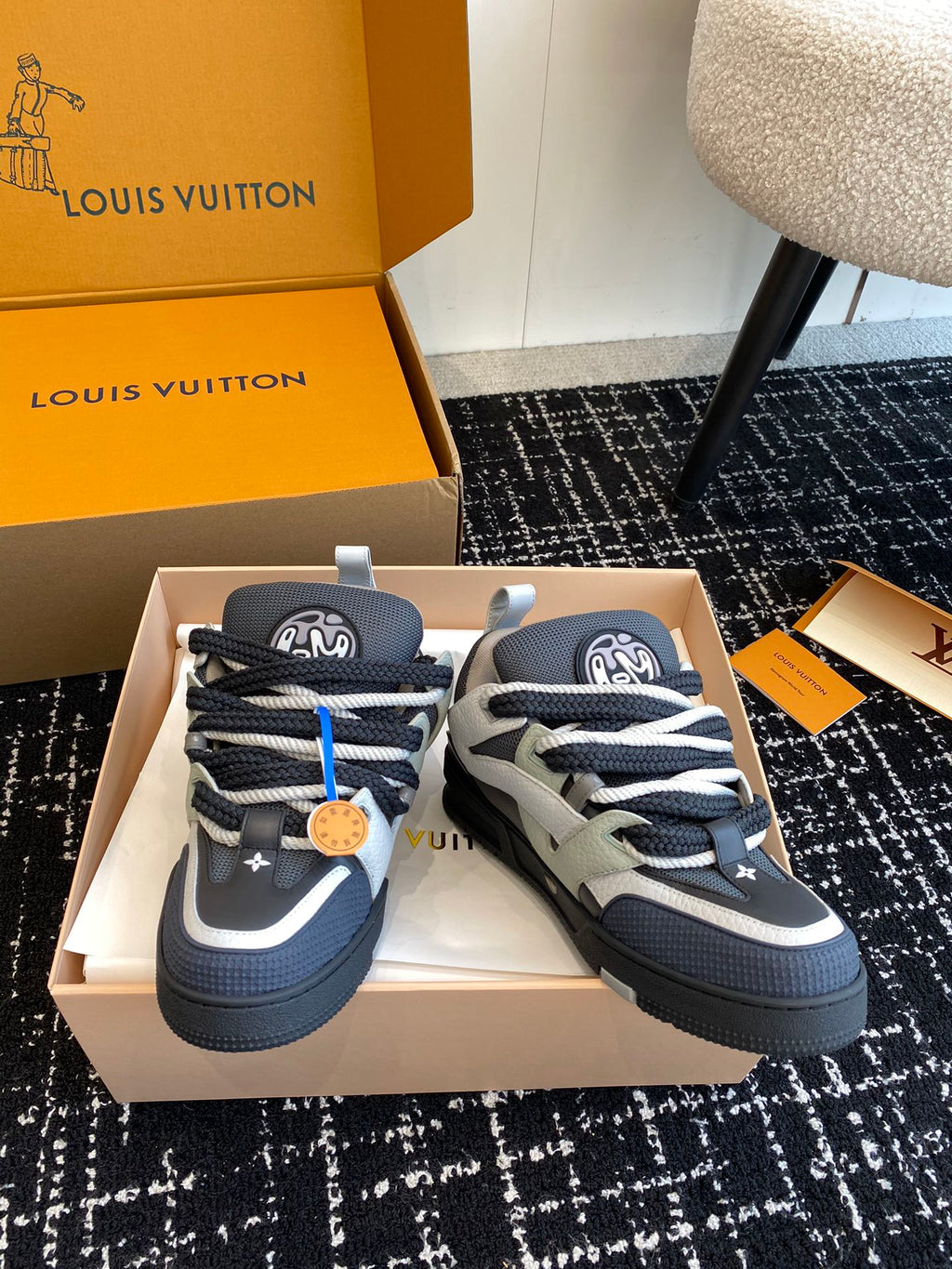 Padded Low-Top Skate Sneaker with Thick Braided Laces in Navy and Slate Grey