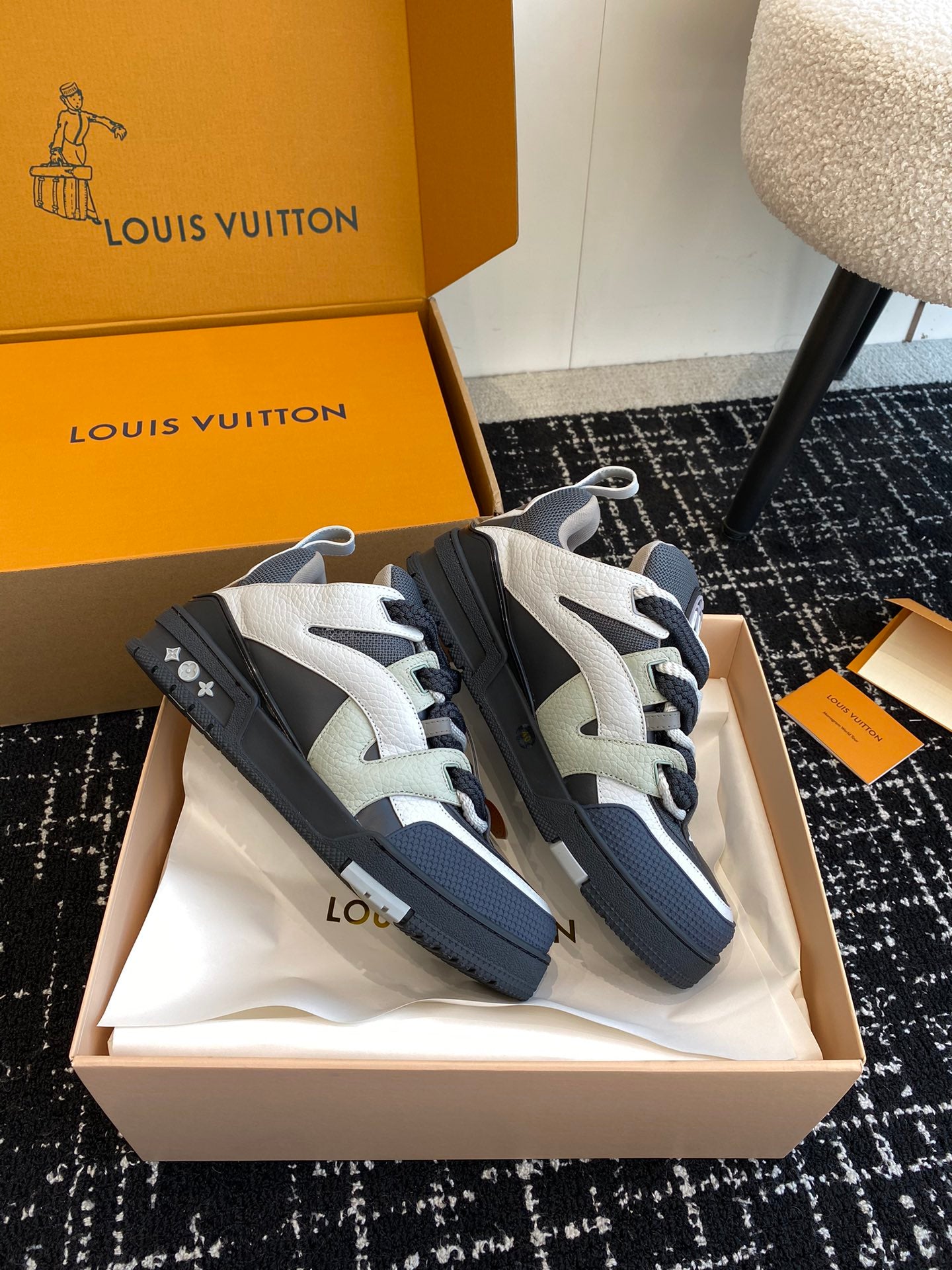 Padded Low-Top Skate Sneaker with Thick Braided Laces in Navy and Slate Grey