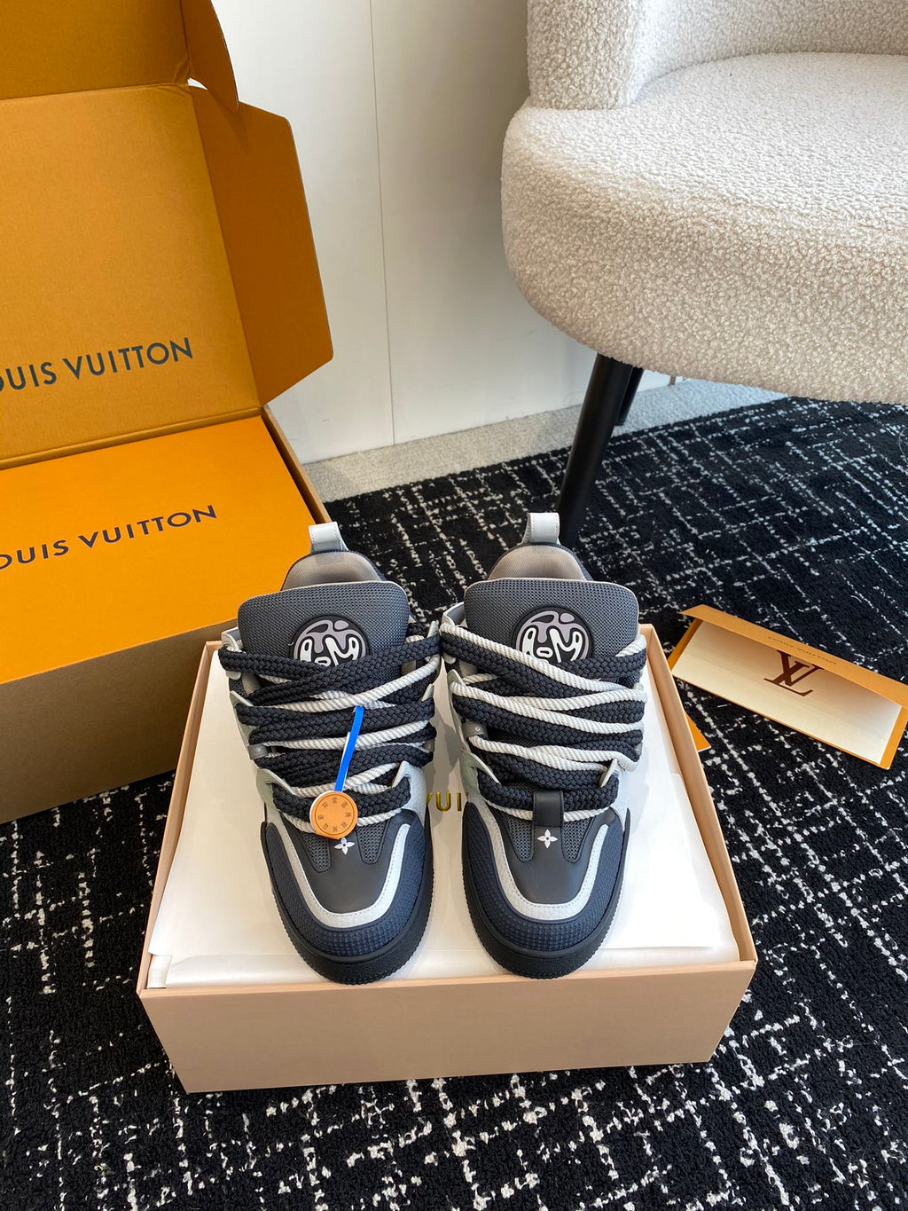 Padded Low-Top Skate Sneaker with Thick Braided Laces in Navy and Slate Grey