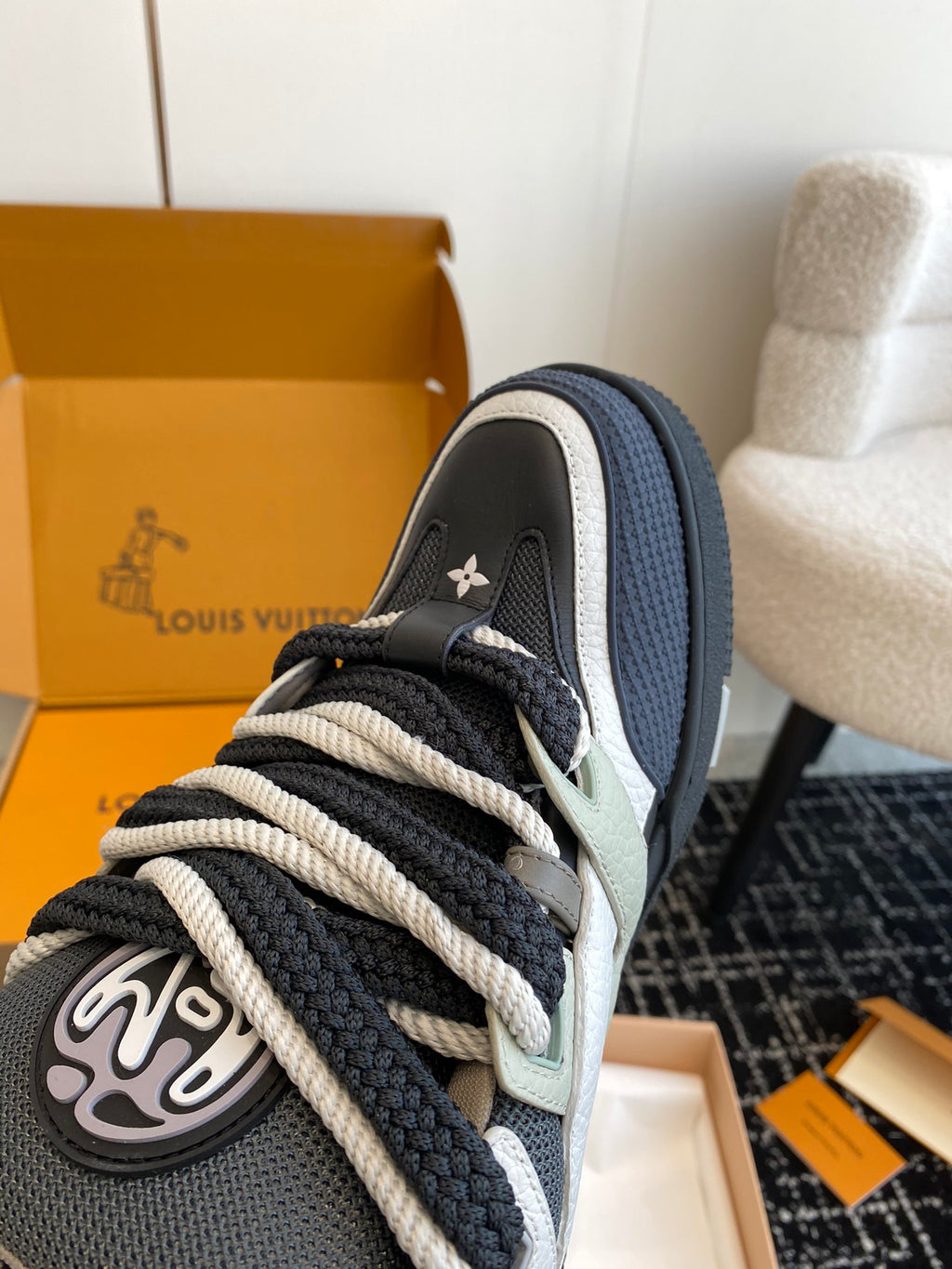 Padded Low-Top Skate Sneaker with Thick Braided Laces in Navy and Slate Grey