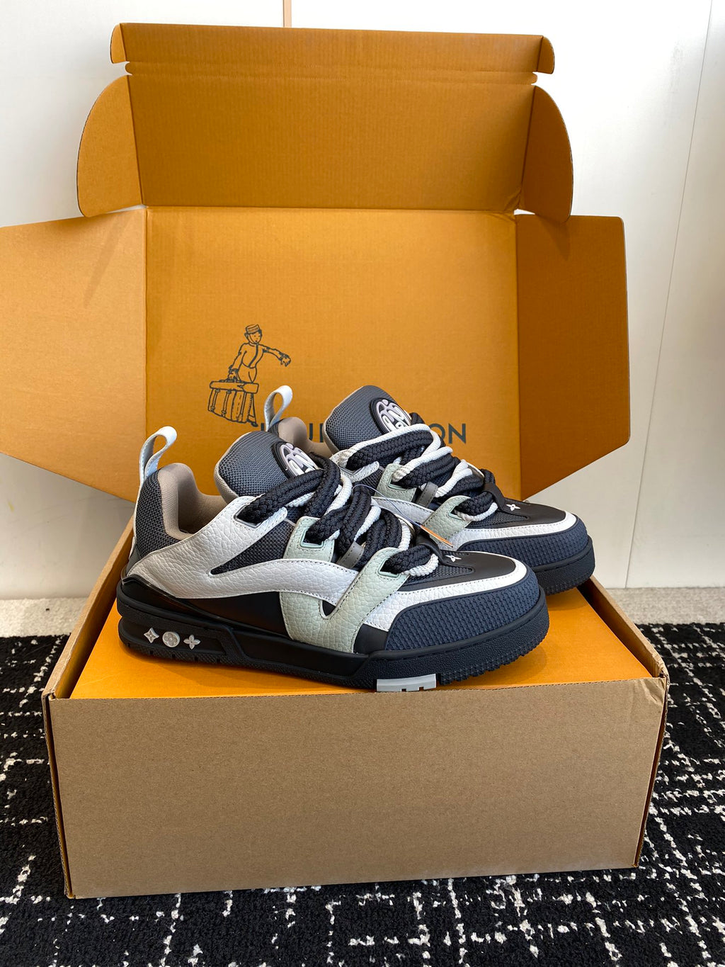Padded Low-Top Skate Sneaker with Thick Braided Laces in Navy and Slate Grey