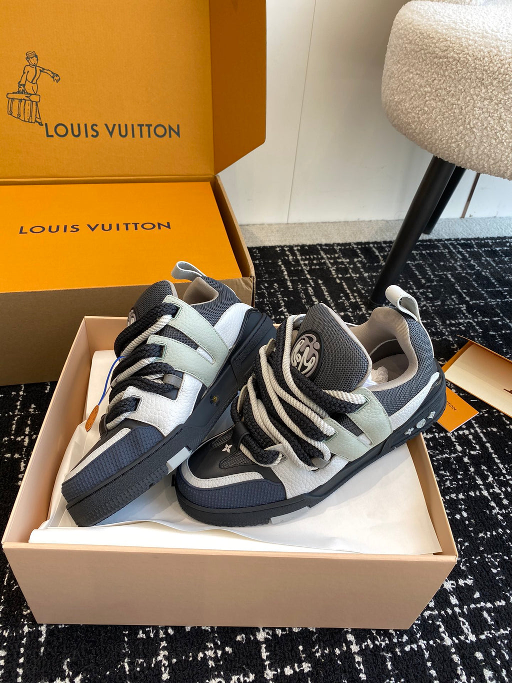 Padded Low-Top Skate Sneaker with Thick Braided Laces in Navy and Slate Grey