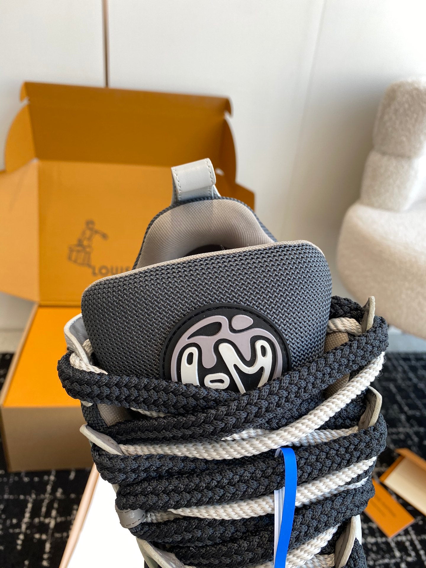 Padded Low-Top Skate Sneaker with Thick Braided Laces in Navy and Slate Grey